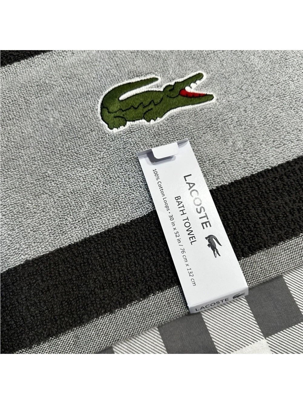 Lacoste Bath Towel 100% Cotton 30" x 52" Gray Big Crocodile Logo - Picture 3 of 8